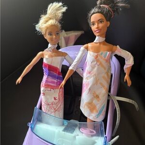 Fashion Dolls with Colorful Dresses and Purple Car